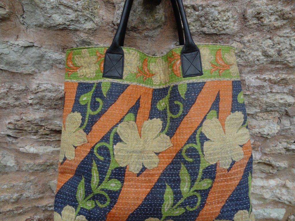 Kantha shopping bag with leather handles