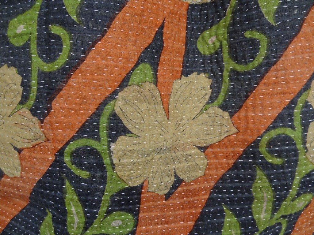 Detail of Kantha shopping bag with leather handles