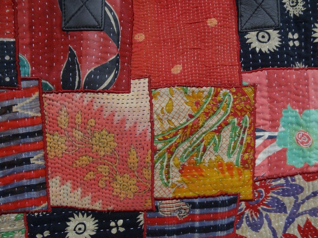 Detail of Kantha shopping bag with leather handles