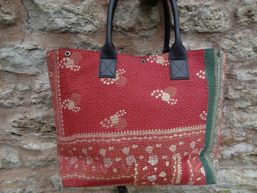 Kantha bag with leather handles