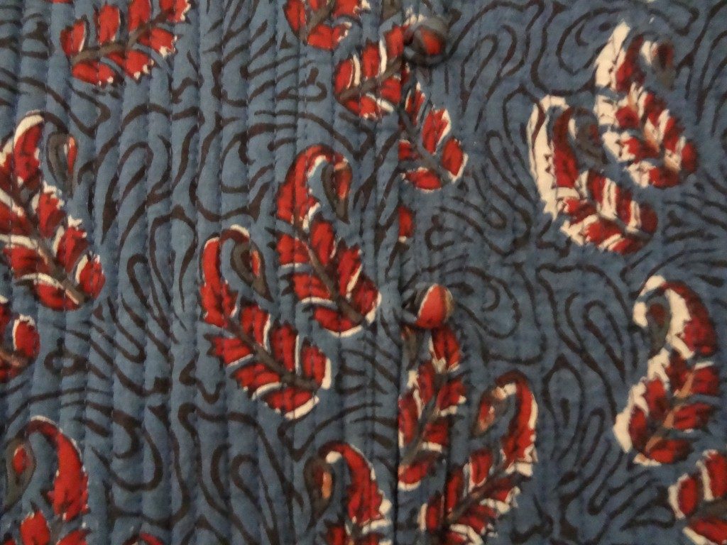 Detail of Block printed Indian cotton lightly quilted jacket