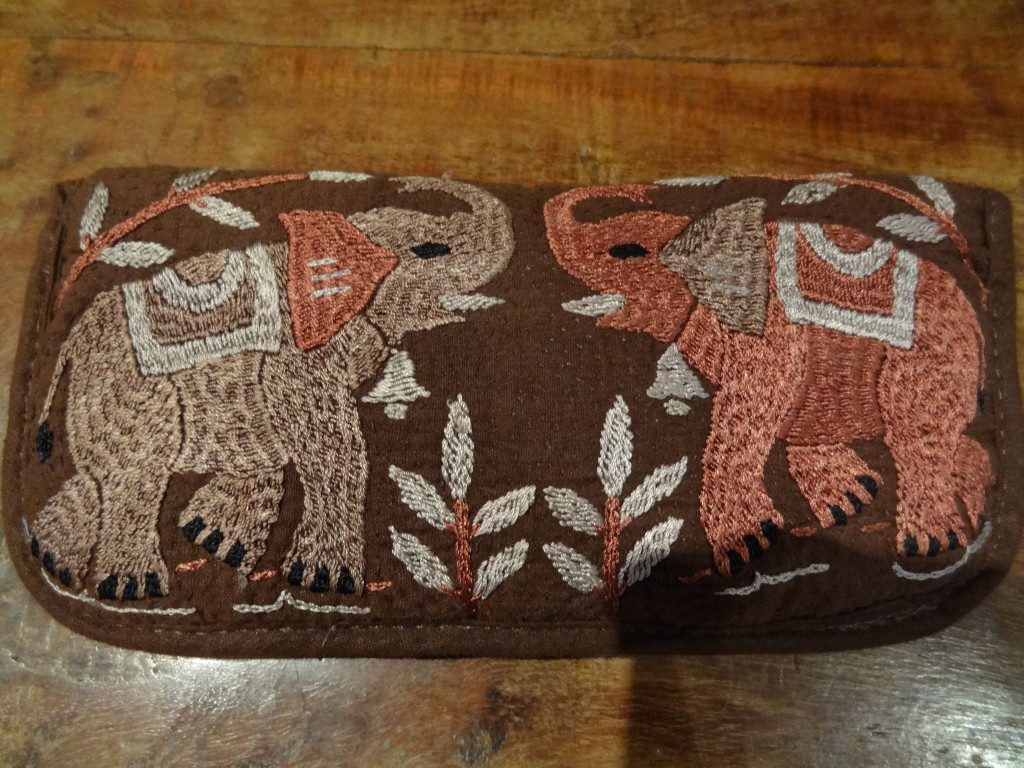 Hand embroidered "elephant" spectacle case made in Bangladesh.