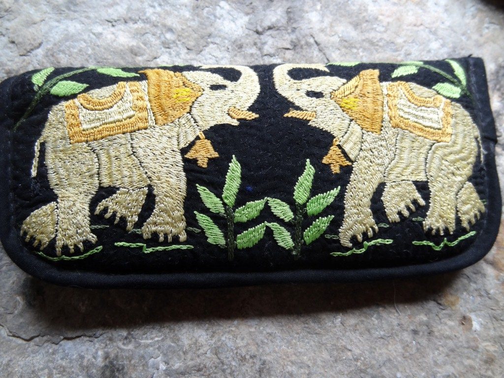 Hand embroidered "elephant" spectacle case in black embroidery made in Bangladesh.