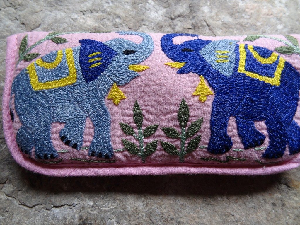 Hand embroidered "elephant" spectacle case made in Bangladesh.