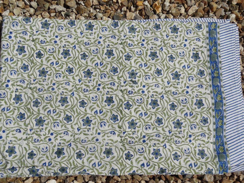 Blue and green flower block print bedspread/tablecloth