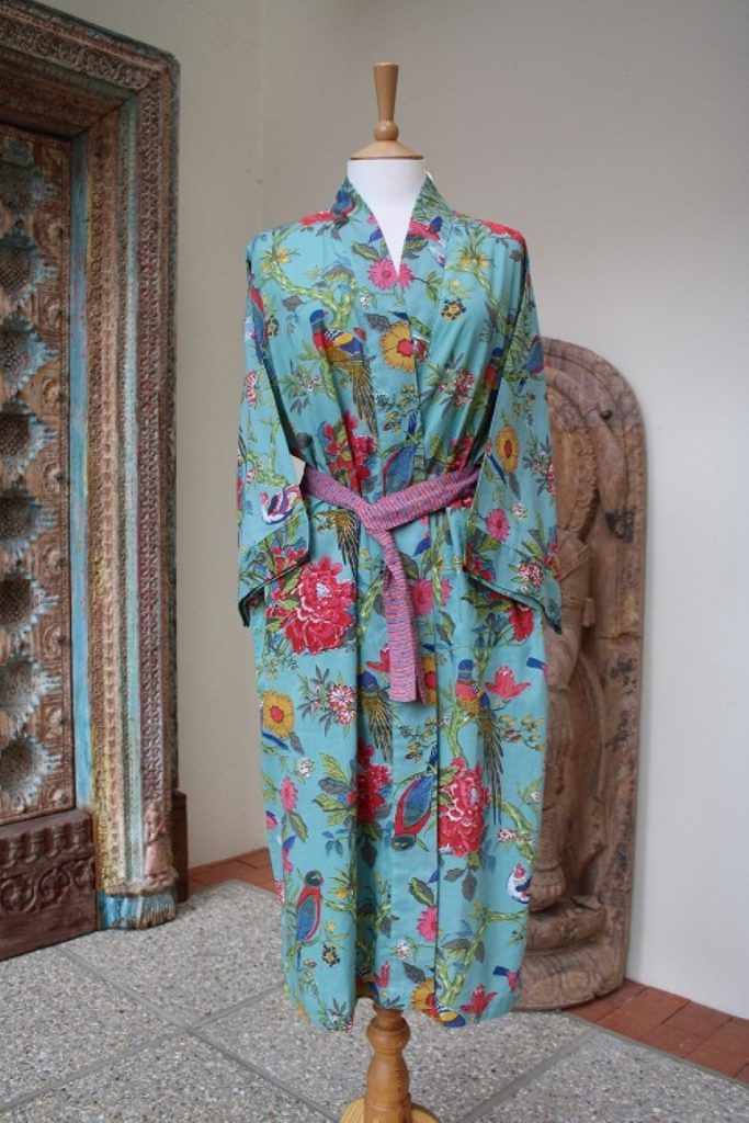 Indian cottonTurquoise and pink bird design kimono dressing gown